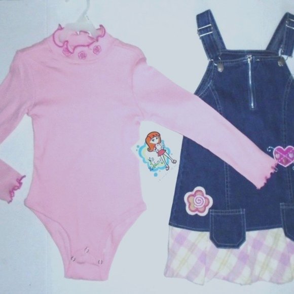 2 Pc Pink Bodysuit & Overalls Blue Denim Dress Set - Picture 3 of 6